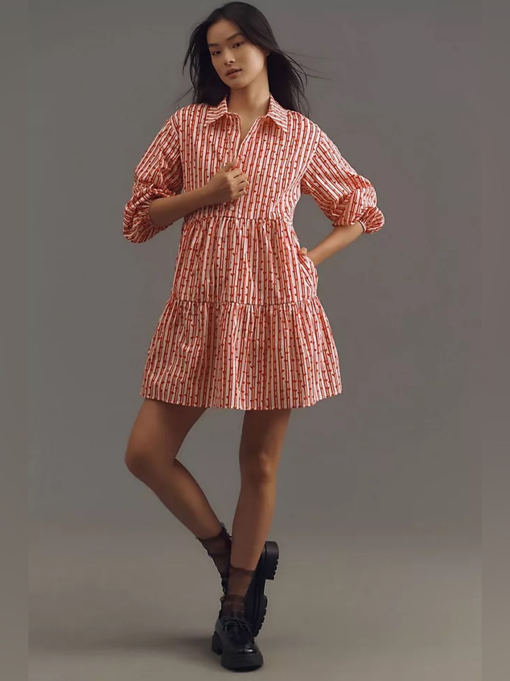 XS anthropologie Maeve Bettina Tiered Mini Shirt Dress red white hearts stripes